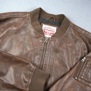 Levi Brown Faux Leather Bomber Jacket Full Zip Casual Mens XXL